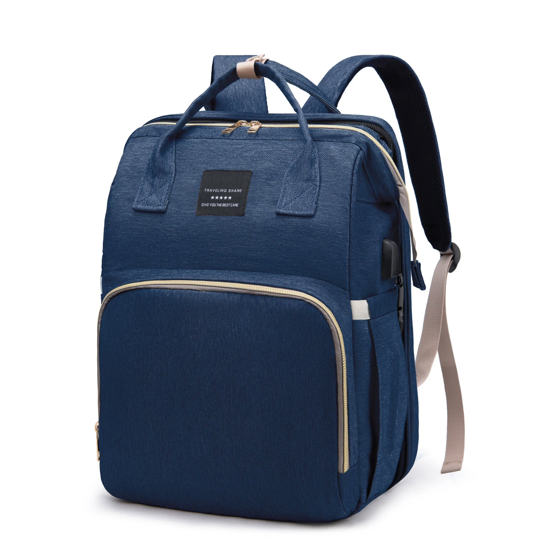 Compact diaper bag with hidden portable baby bed, showcasing its travel-friendly design and utility