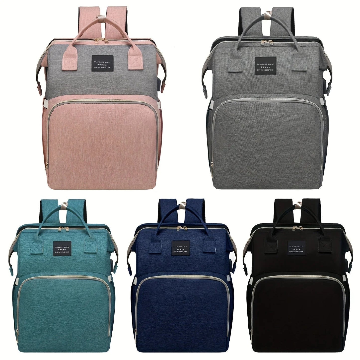 Interior view of the diaper bag showing various compartments for baby bottles, diapers, and wipes