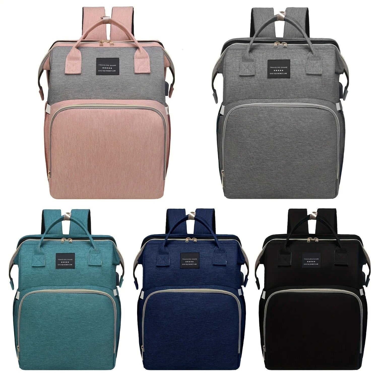Interior view of the diaper bag showing various compartments for baby bottles, diapers, and wipes