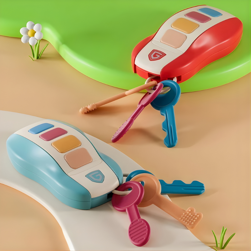 Musical baby car key toy with colorful buttons and a ring for infants and toddlers, early learning development.