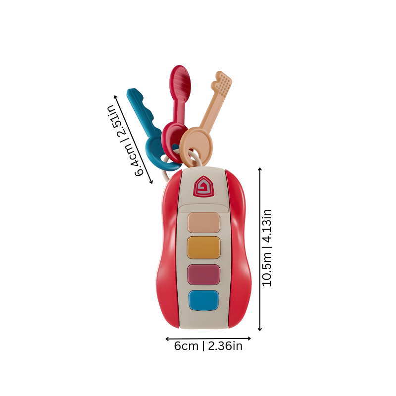 Infant holding a bright musical baby car key teether toy, perfect for soothing and pretend play development.