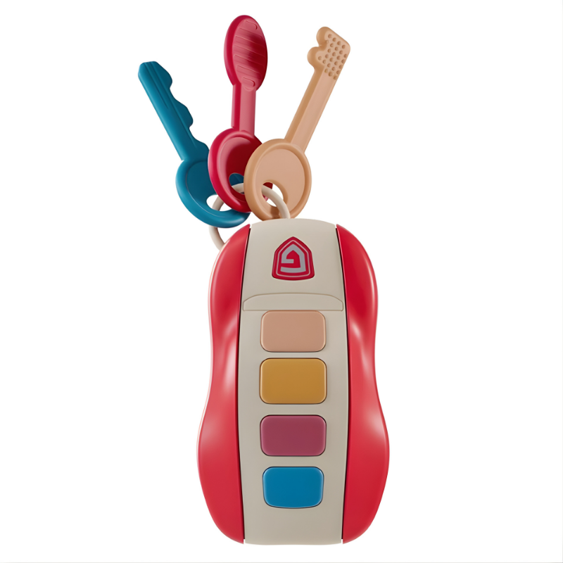 Close-up of a unisex musical baby car key toy with different textured buttons, stimulating infant senses.