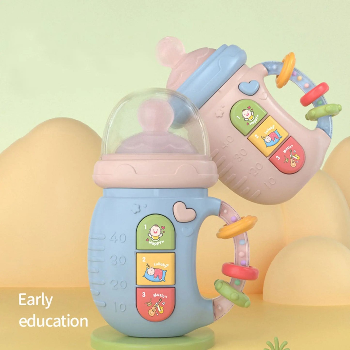 Musical baby pacifier bottle with night light, ideal for soothing infants and teething relief.