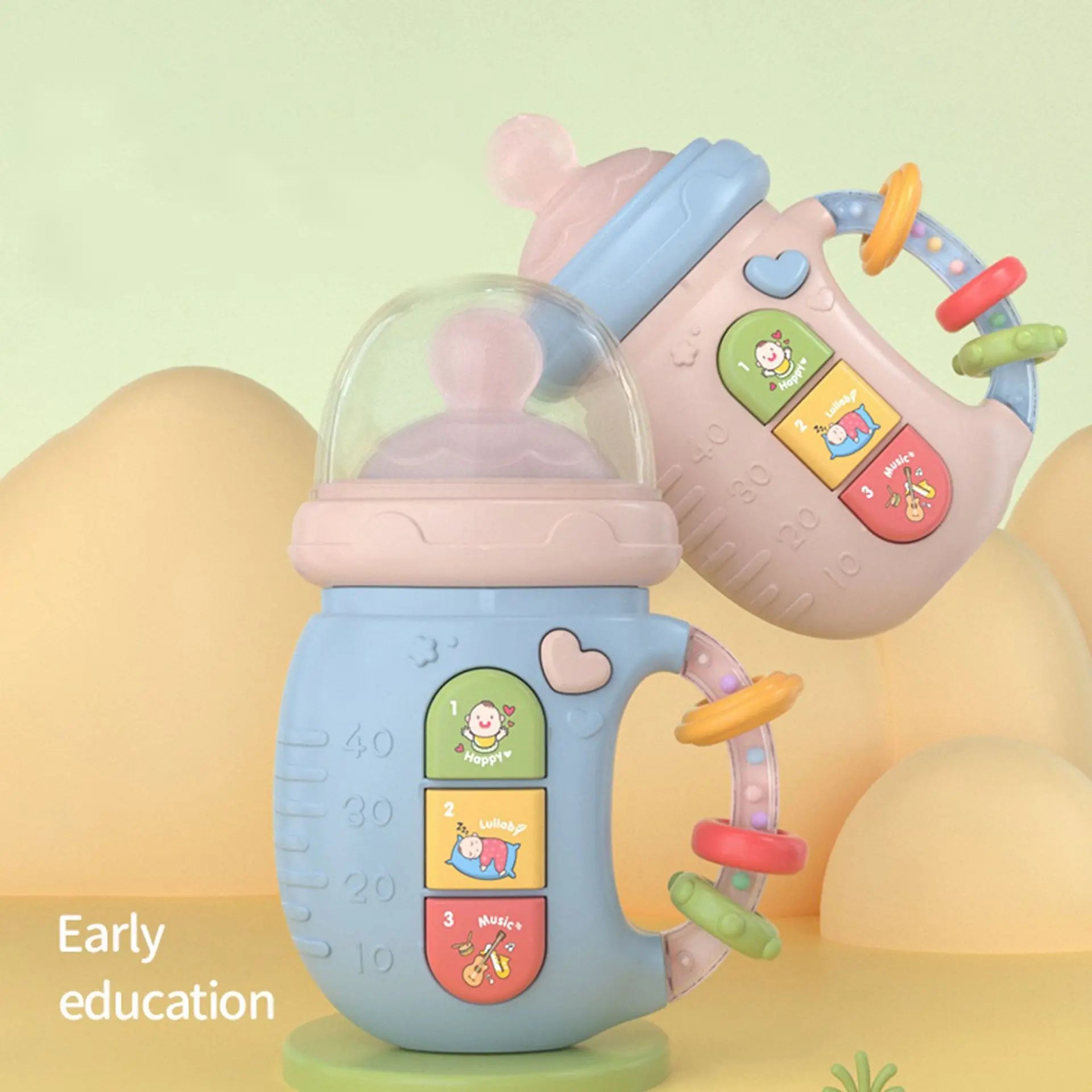 Musical baby pacifier bottle with night light, ideal for soothing infants and teething relief.