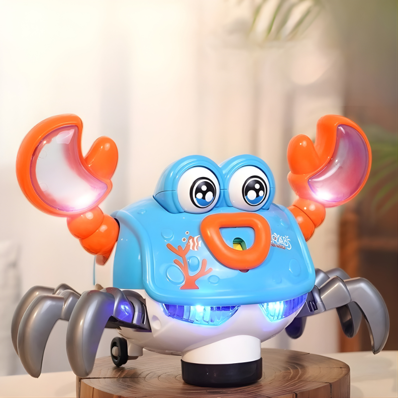 Musical crawling crab toy with lights for babies, promoting sensory play & infant development