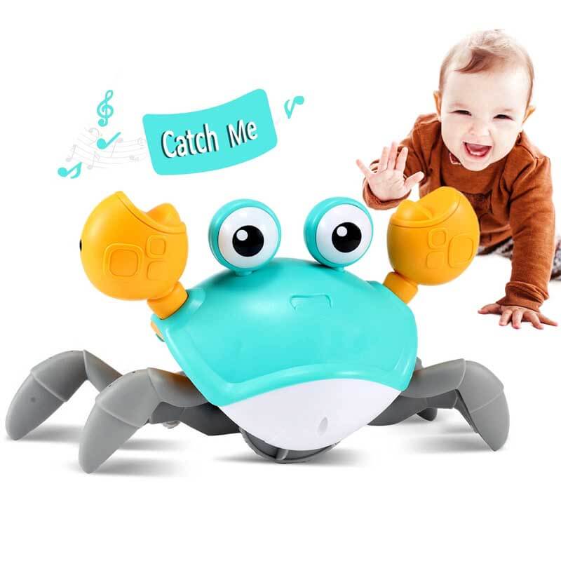 Musical crawling crab toy with obstacle avoidance for baby tummy time