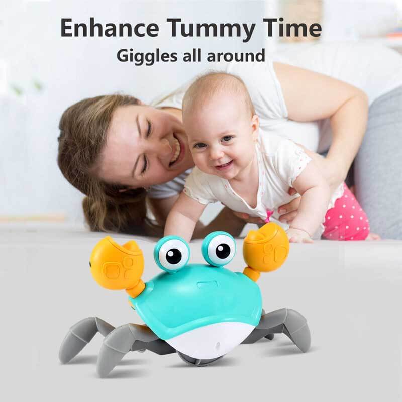 Infant musical crab toy in action, avoiding obstacles while crawling