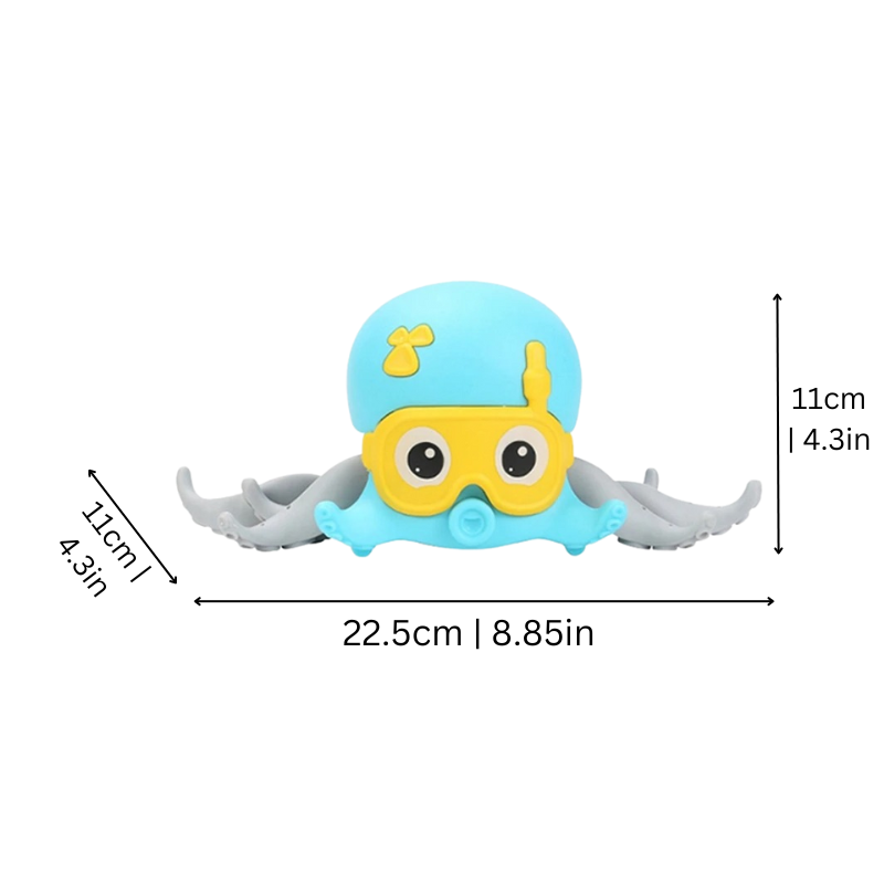 Toddler playing with purple and blue musical crawling octopus, enhancing sensory development