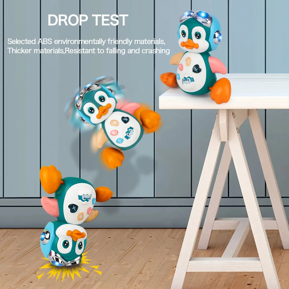 Close-up of a smiling musical crawling penguin toy with vibrant flashing lights for sensory engagement