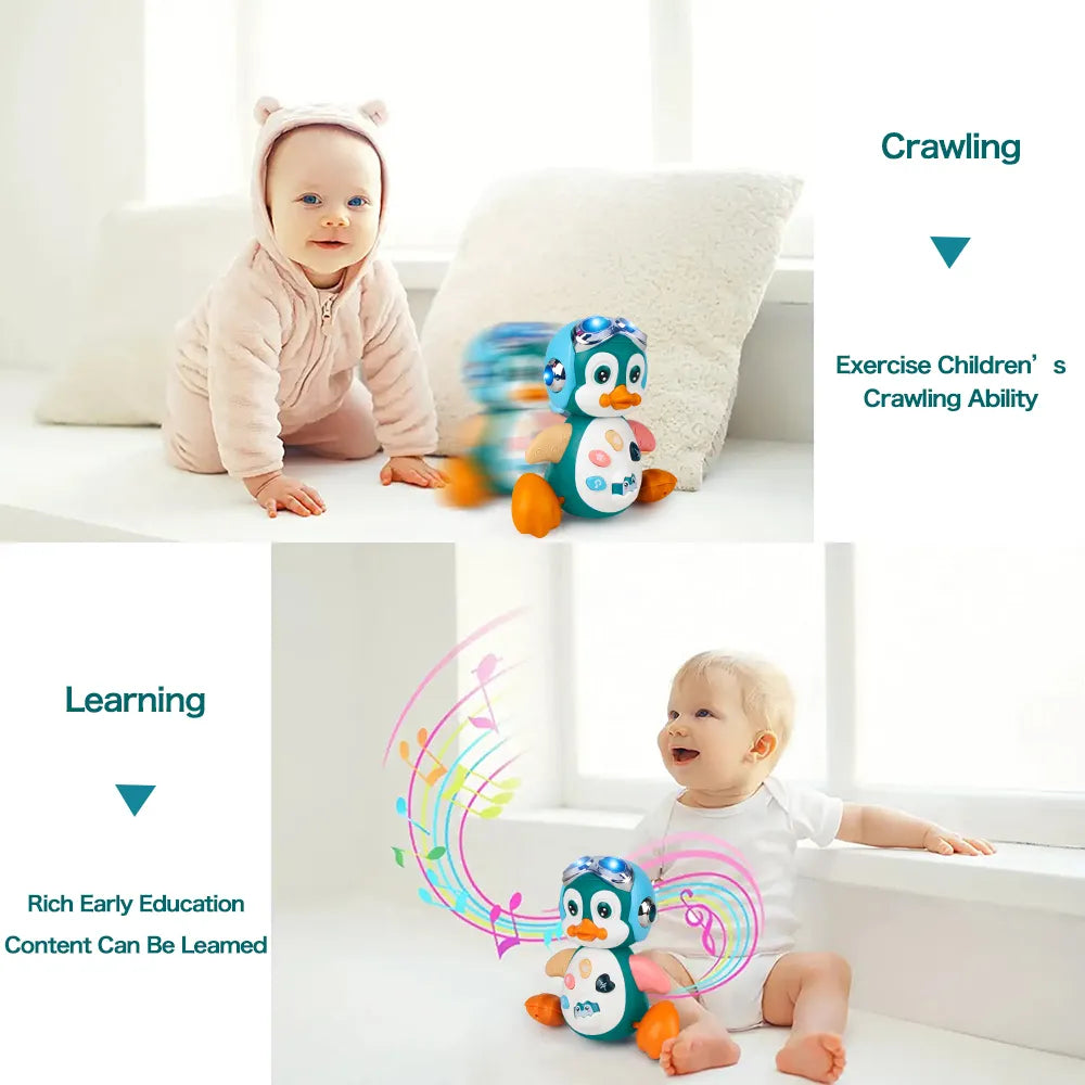 Baby reaching for a cute musical crawling penguin toy, perfect for encouraging movement and play