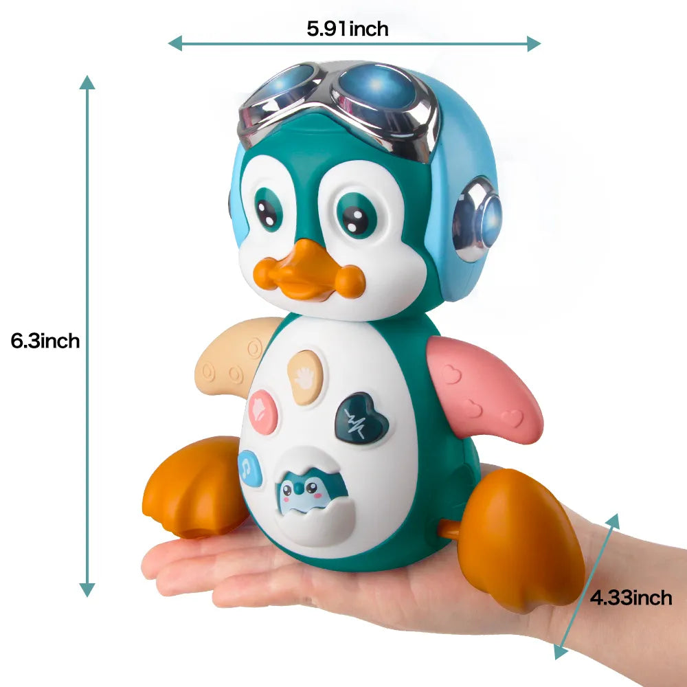 Detailed view of a musical crawling penguin infant toy showcasing its sound features and bright lights
