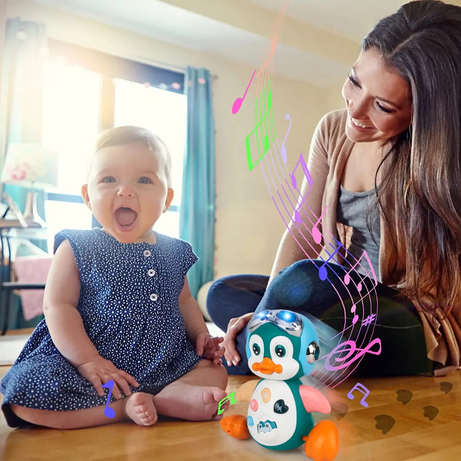 Musical crawling penguin toy; a captivating baby gift with interactive lights and sounds for infant fun