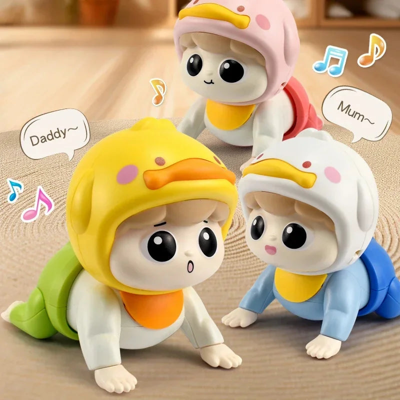 Musical crawling toy for baby motor skill development, vibrant colors, sensory play for infants