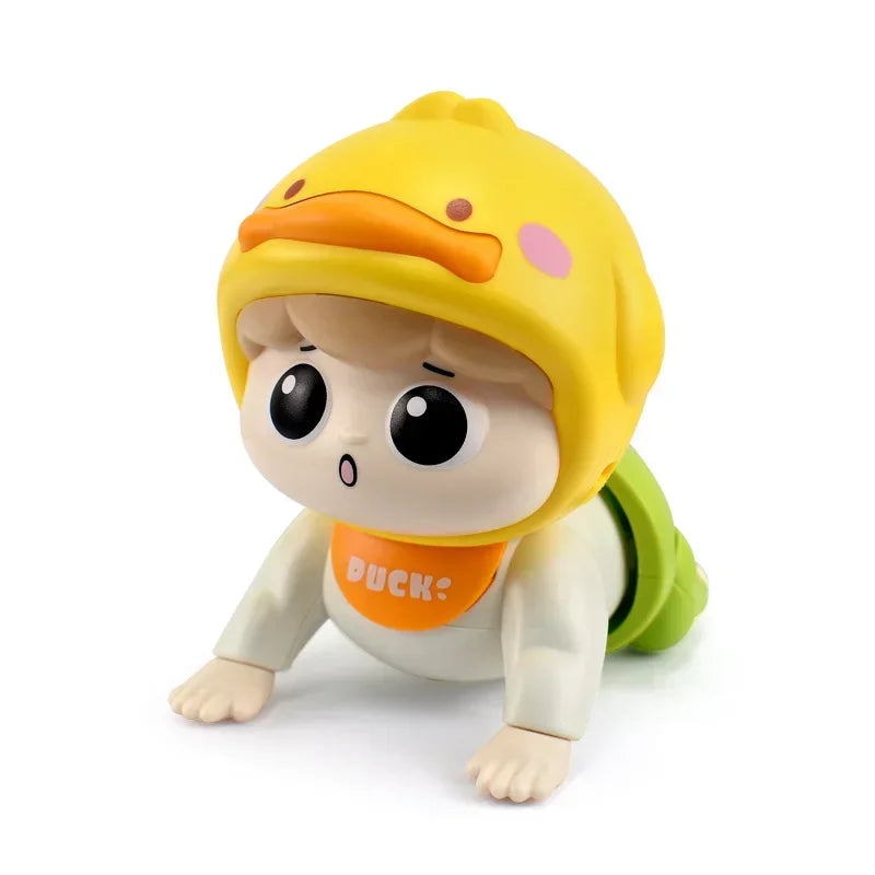 Brightly colored musical crawling toy, designed to stimulate a baby's motor skills and senses