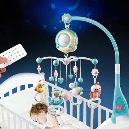Musical crib mobile with colorful hanging rattles & star projector, ideal for baby nursery decor & sleep aid