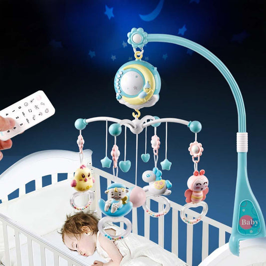 Musical crib mobile with colorful hanging rattles & star projector, ideal for baby nursery decor & sleep aid