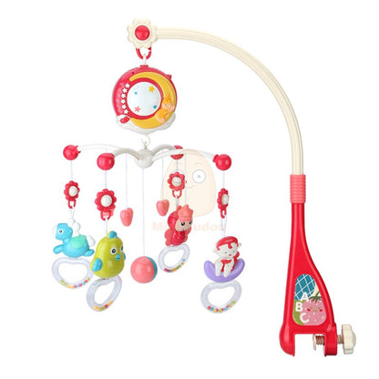 Sweet baby crib mobile with hanging toys and an integrated projector, ideal for nursery decor