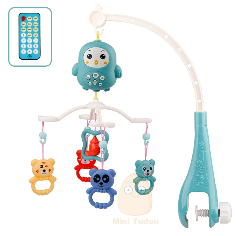 Musical mobile for baby's crib, featuring star projection and remote control for parental convenience