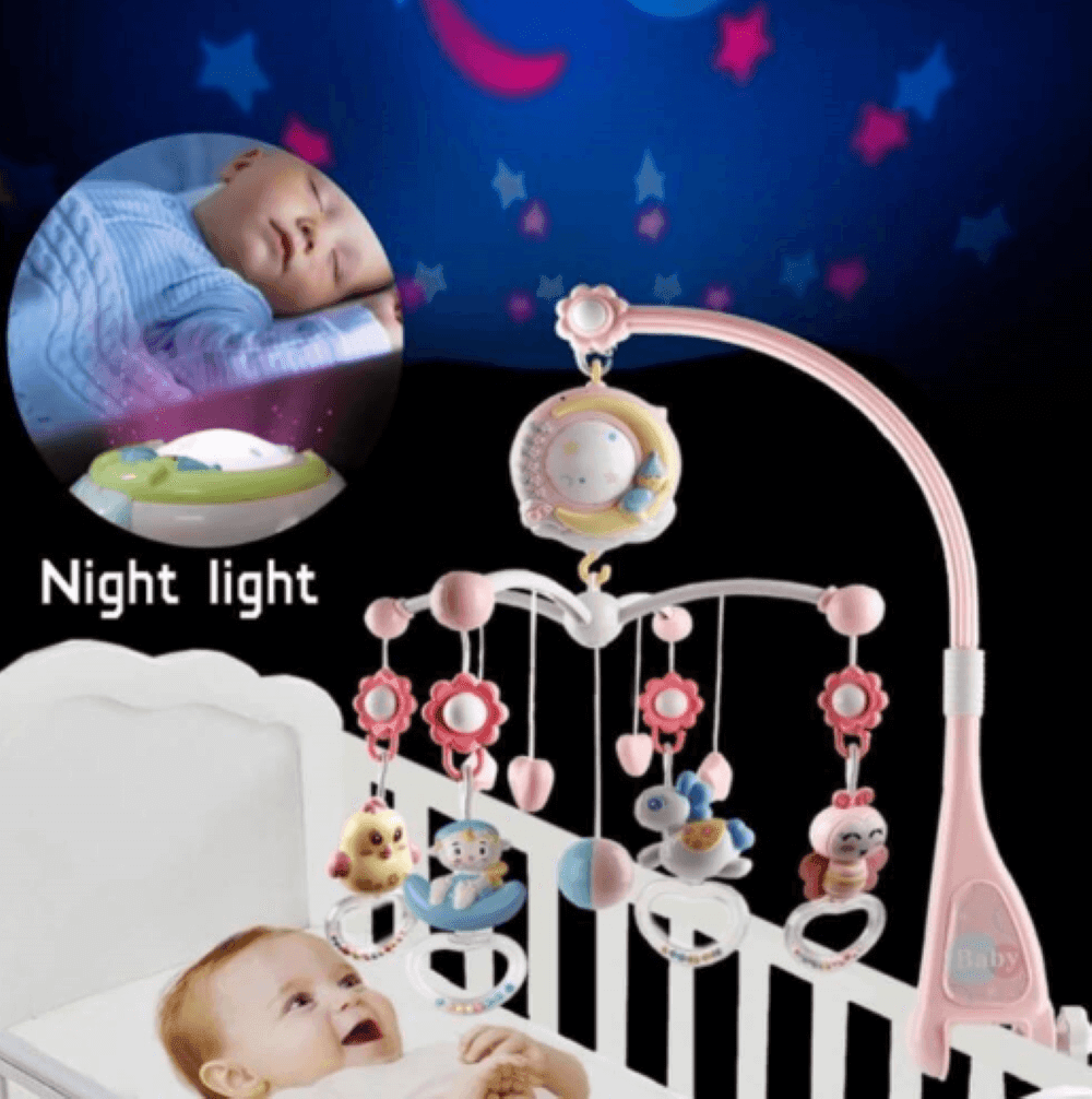 Baby musical mobile with ceiling projection, remote control for infant sleep, and hanging rattles