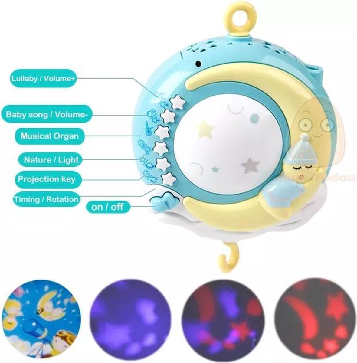 Baby crib mobile with remote control, musical melodies, and rotating rattles for infant entertainment