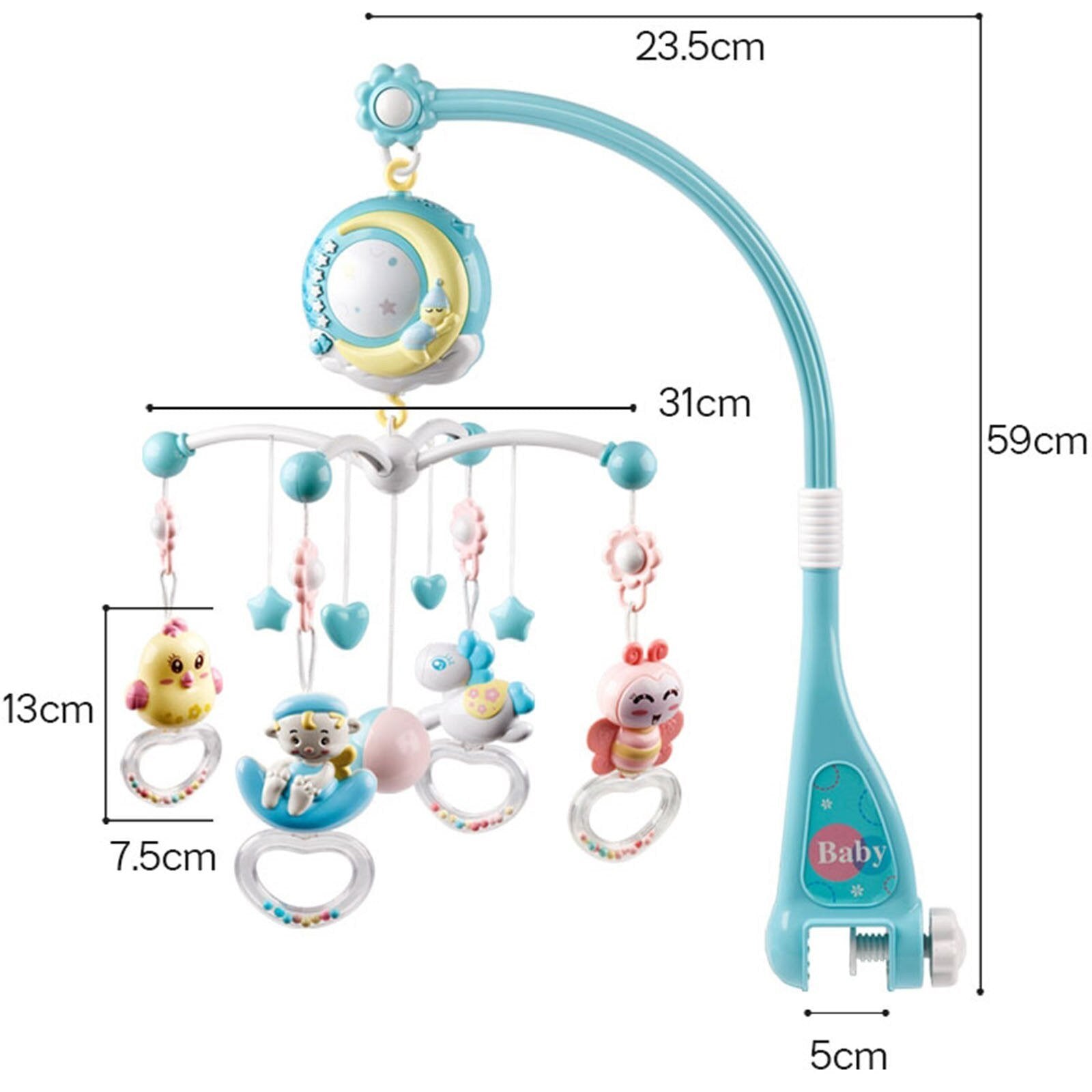 Baby entertainment mobile with colorful animal rattles, musical tunes, and starry projection