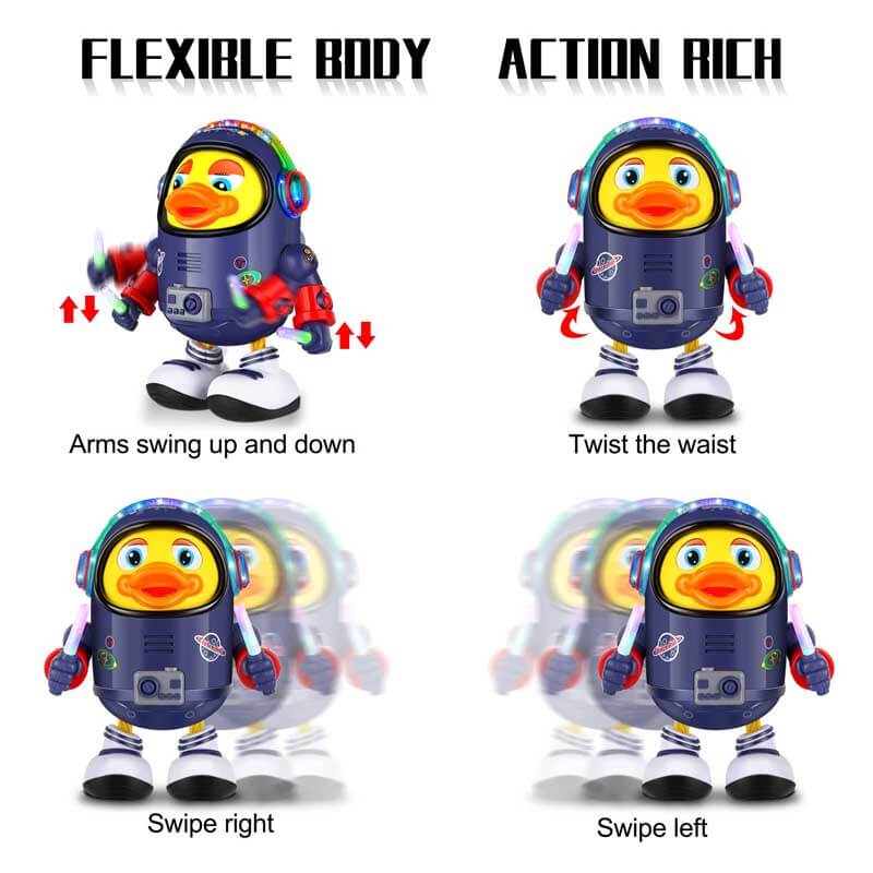 Baby's dancing space duck, an interactive toy with music and movement for fun play