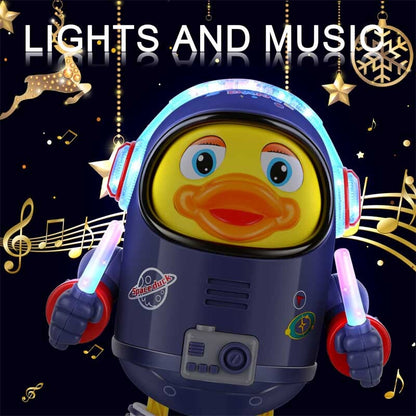 Space-themed dancing duck toy, perfect for early childhood development, with musical features