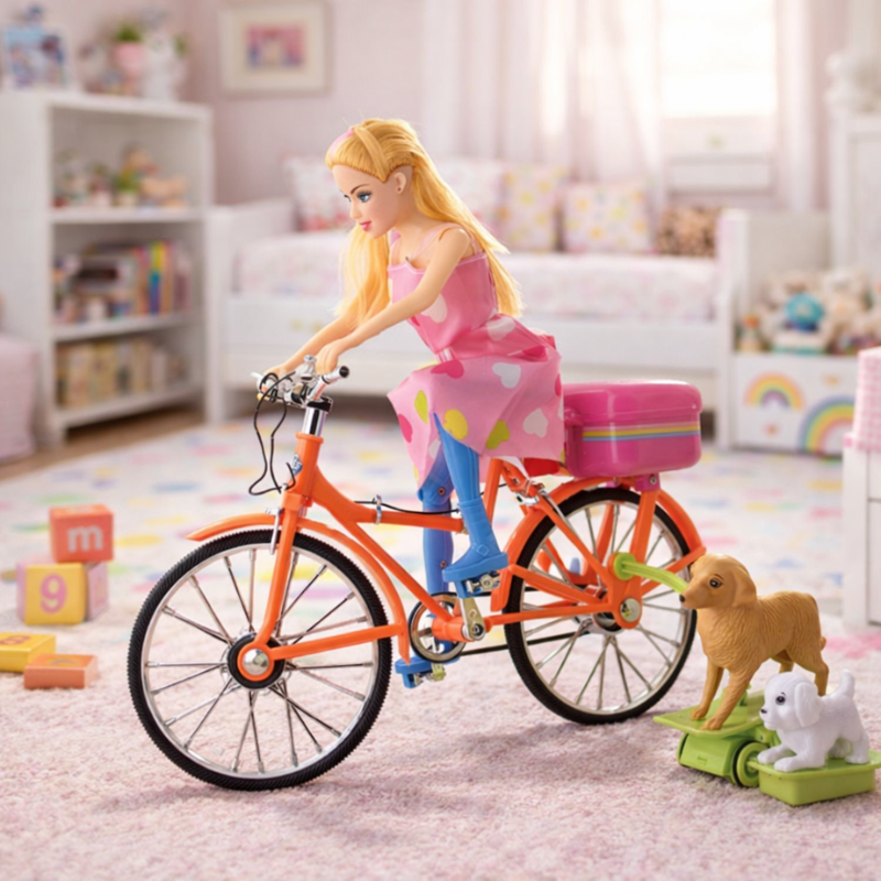Musical doll on pink bike with three cute puppy friends, light-up features, and helmet for imaginative kids' play