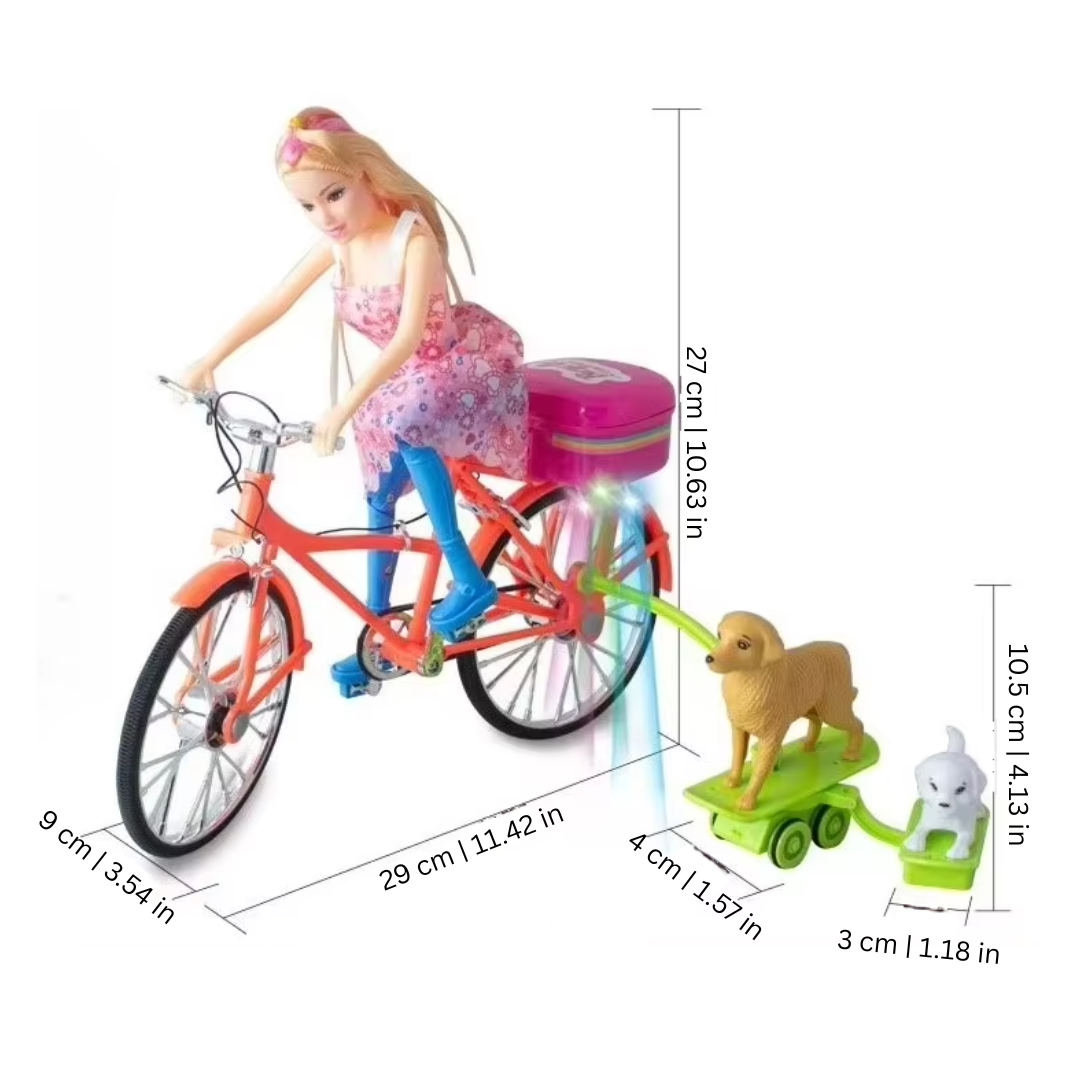 Toddler girl's interactive doll and bicycle toy set with musical sounds and adorable puppy figurines, perfect children's gift