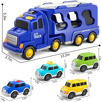 Construction-themed musical transport toy car with storage, offering educational and fun play for toddlers.