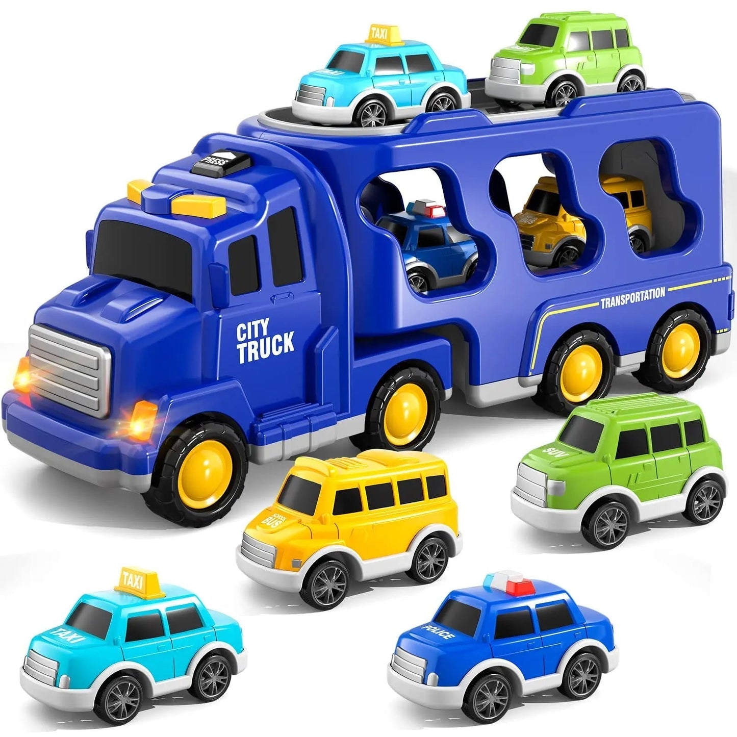 Kids' vehicle playset: Musical transport toy car with storage, lights, and interactive features.