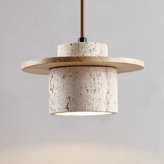 "Natural travertine stone and wood hanging light with adjustable cord, ideal for modern home interiors, features warm LED lig