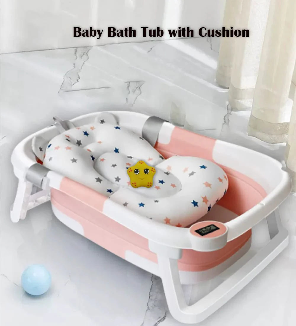 Pink portable baby bathtub folded for compact storage, ideal for travel and small spaces
