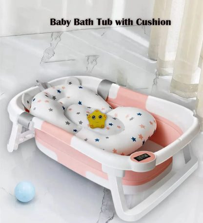 Pink portable baby bathtub folded for compact storage, ideal for travel and small spaces