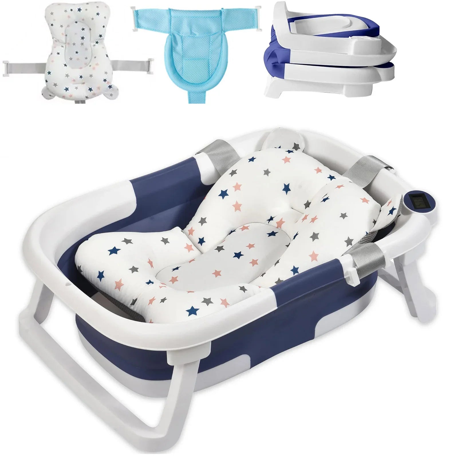 Collapsible baby bathtub in navy blue, designed for easy draining and convenient baby care