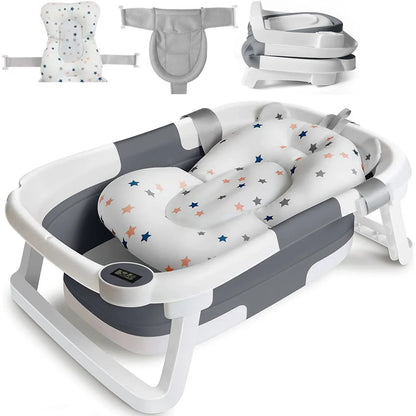 Collapsible baby bathtub with newborn cushion, digital thermometer and safety features in gray