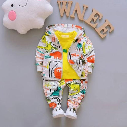 Toddler boys' neon dinosaur tracksuit set with hoodie, t-shirt, and pants, comfy kids clothing.