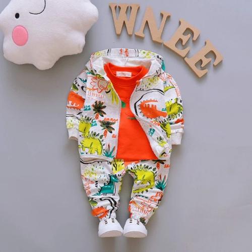 Girls' neon dino 3-piece tracksuit, vibrant colors, dinosaur graphic, soft baby clothes set.