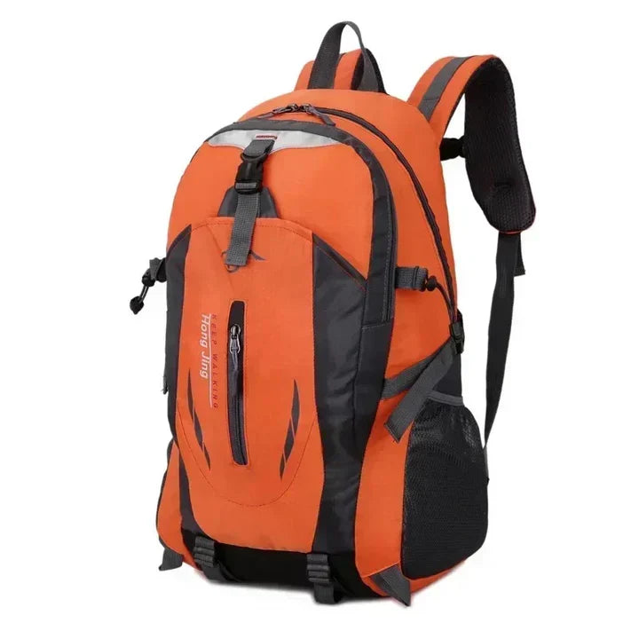 Close-up of the rugged, waterproof material & sealed zippers on a unisex travel & outdoor gear backpack.