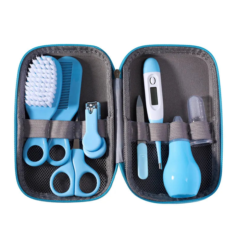Newborn 8-piece baby health and care kit for infant grooming and hygiene, pink accents