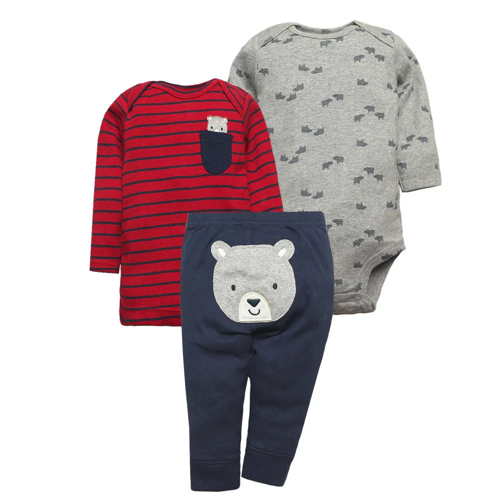 Cute baby clothes: newborn 3-piece cotton set with patterned infant jumpsuit, white