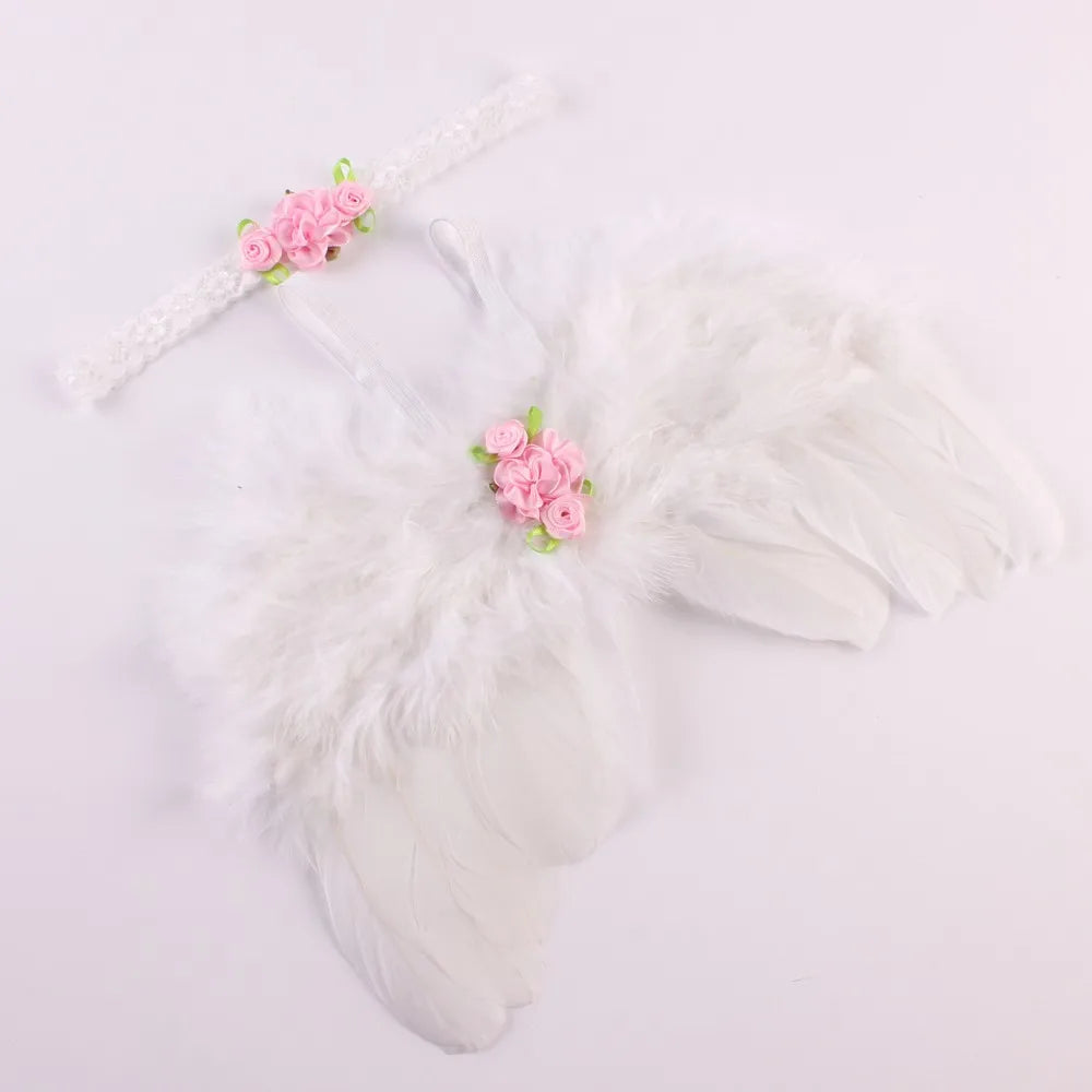 Newborn baby angel feather wings & flower headband set for a sweet photo prop, white feathers