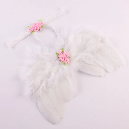 Newborn baby angel feather wings & flower headband set for a sweet photo prop, white feathers