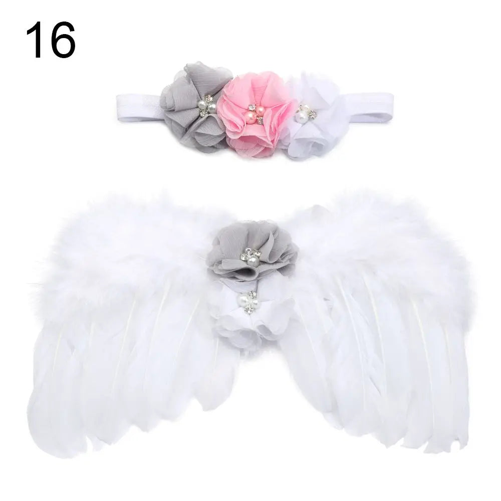 Newborn photography set: classic white angel wings and elegant flower headband, infant gift