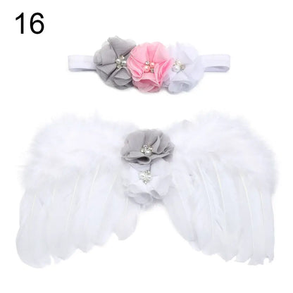 Newborn photography set: classic white angel wings and elegant flower headband, infant gift