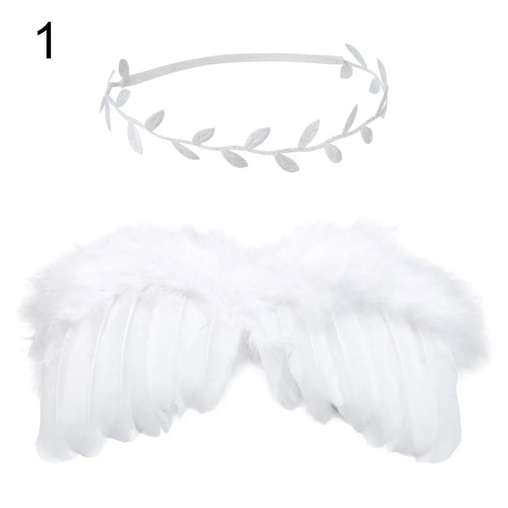 Angel feather wings and flower headband combo for newborn baby photo shoots, pure white