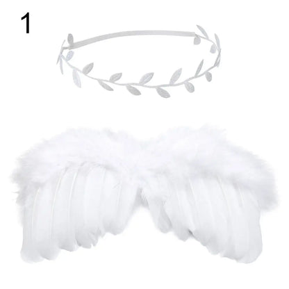 Angel feather wings and flower headband combo for newborn baby photo shoots, pure white