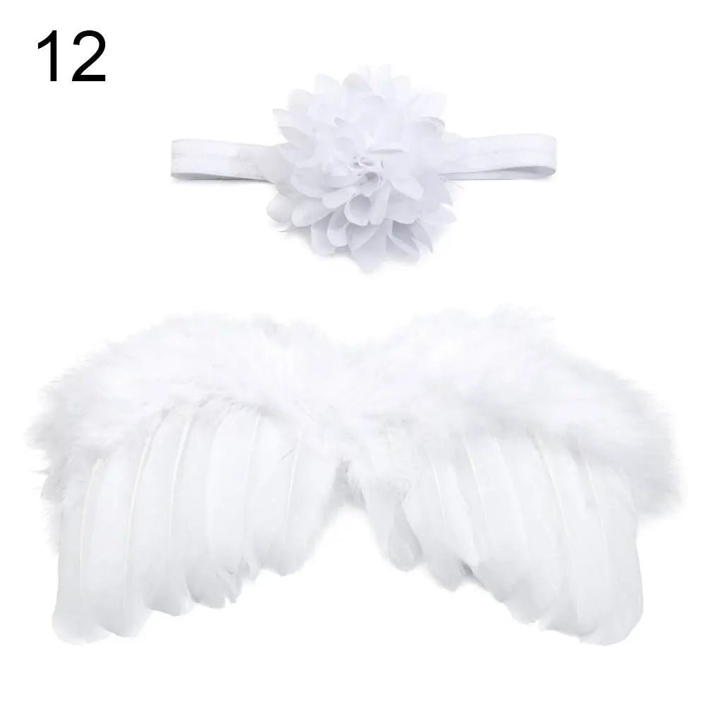 Complete newborn photography prop: white angel feather wings & vibrant flower headband set