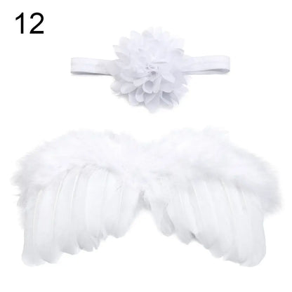 Complete newborn photography prop: white angel feather wings & vibrant flower headband set