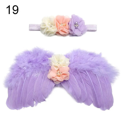 Angel feather wings, baby photography prop, soft texture, with an elegant flower headband